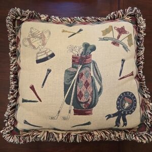 Vintage Tapestry Golf Throw Pillow Argyle Fringe Home Office Gift Made USA